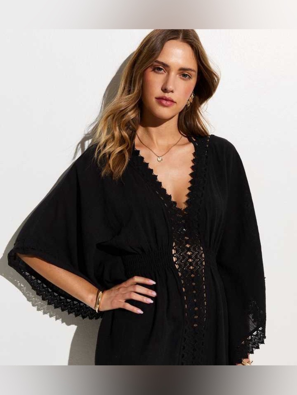 BLANCO 100% Cotton Boho Black Kimono Sleeve Tunic Dress Lace Accent Small - Picture 4 of 16